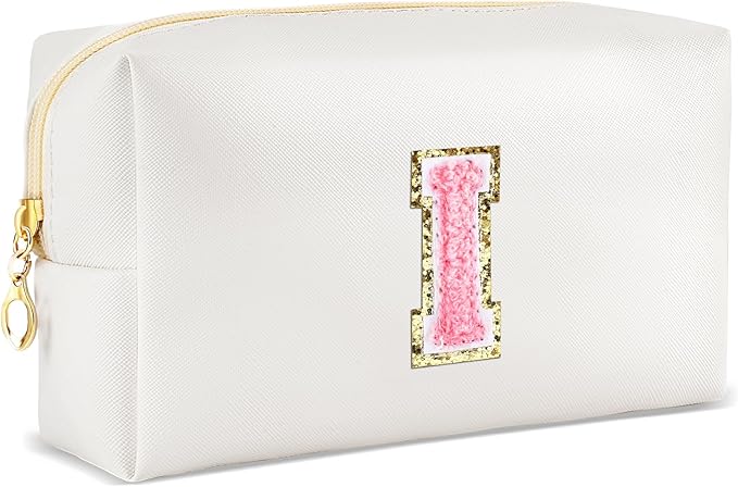 URSKYTOUS Initial Makeup Bag Personalized Preppy Travel Small Cosmetic Bag Cute PU White Chenille Letter Makeup Pouch for Purse Waterproof Zippered Toiletry Organizer for Women Girls Kids Friends (I)