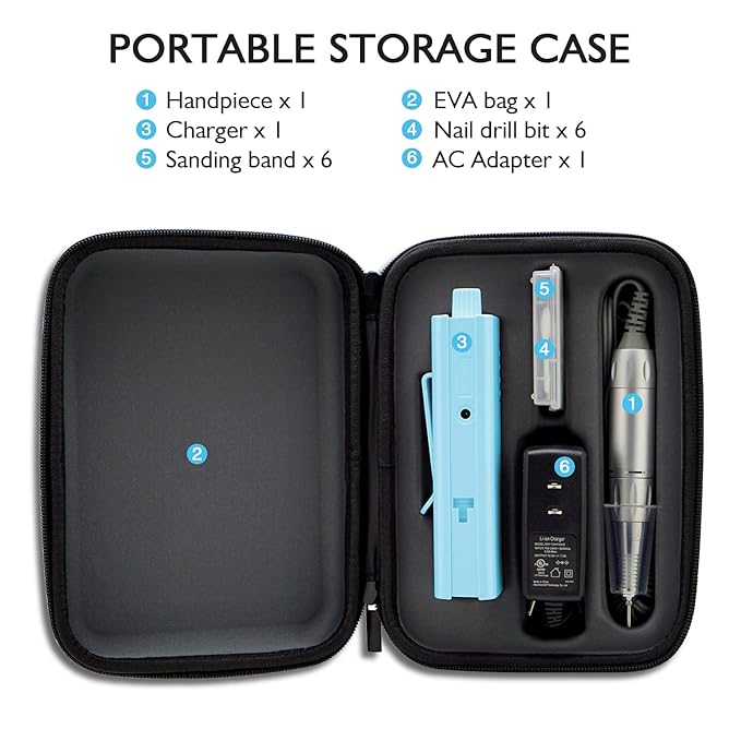 Cordless Nail Drill, AZ GOGO 30000RPM Rechargeable Portable Electric Nail Drill Machine for Gel Acrylic Nails - Efile Manicure/Pedicure Kit (Blue with EVA Bag)