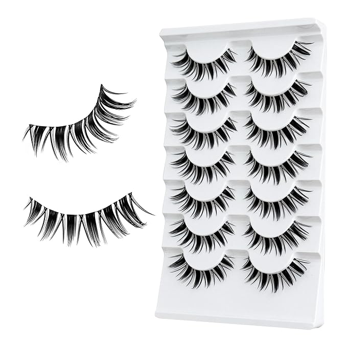 False Eyelashes Manga Lashes Anime Strip Fake Eyelashes YASNAI Fairy Spiky 7 Pairs Faux Mink Lashes Cosplay 8-14mm Wispy Natural Look Thick Fake Eye Lashes Soft Lashes