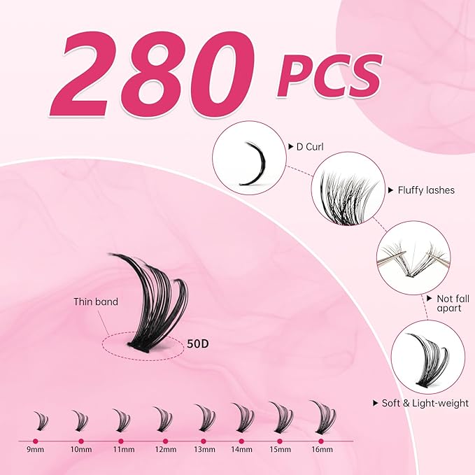 DIY Lash Extension Kit, 280 PCS Lash Clusters, 50D Eyelash Extension Kit, 9-16MM Individual Eyelashes Kit with bond, seal, Remover, Tweezers for Eyelash Extensions by URNNE