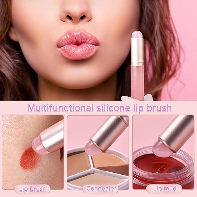 Lip Brush for Lipstick,2 PCS Silicone Lip Brushes,Lip Makeup Applicator Beauty Tool with Lid(Pink)