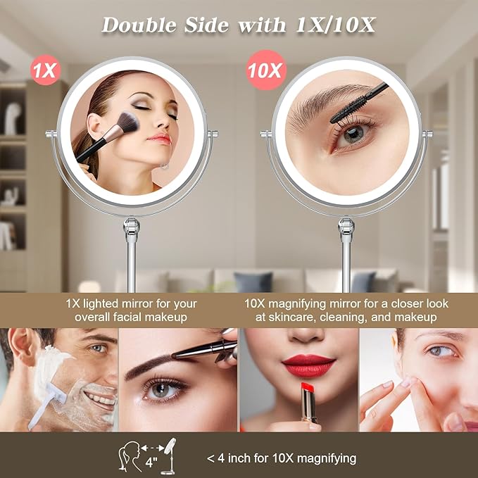 Rocollos 9" Large Lighted Makeup Mirror with 1X/10X Magnification, 4000mAh Rechargeable Vanity Mirror with Height Adjustable & 3 Color Dimmable Lights (9 Inch-Chrome)