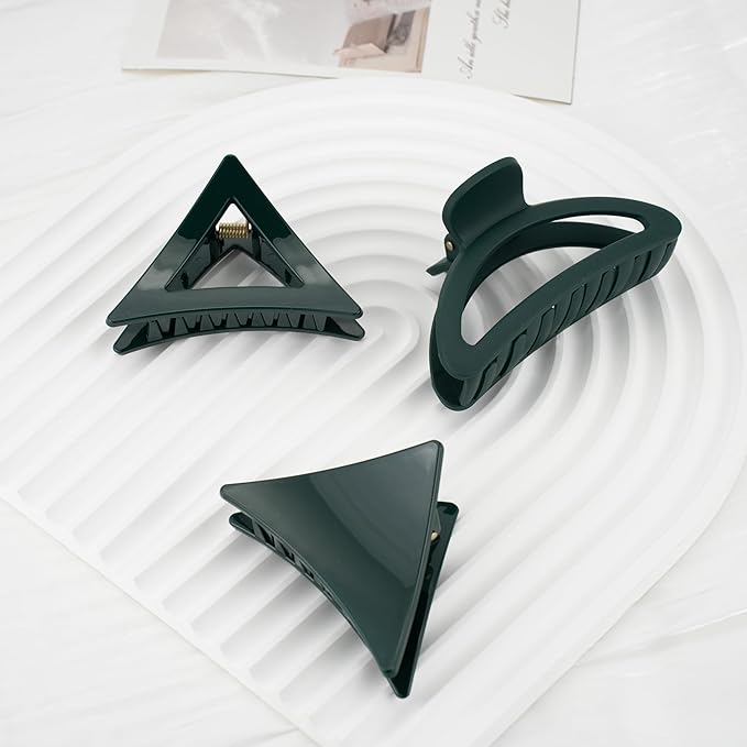 Bold Tones Hair Accessories Set - 9 Medium Hair Clips (Arched & Triangle), 1 Hair Brush | Non-Slip Hair Clips for Thin Hair (Burgundy, Navy, Forest Green)