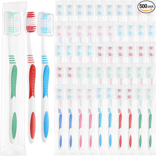 Tioncy 500 Pack Toothbrushes Bulk Individually Wrapped Pack with Covers Colorful Tooth Brushes Medium Disposable Soft Bristles Adult Manual Toothbrush for Travel Hotel Packages Relief Donations
