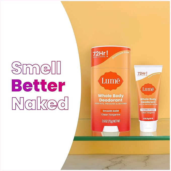 Lume Whole Body Deodorant - Invisible Cream Tube Mini + Solid Stick Bundle - 72 Hour Odor Control - Aluminum & Baking Soda Free, Skin Loving (Clean Tangerine)