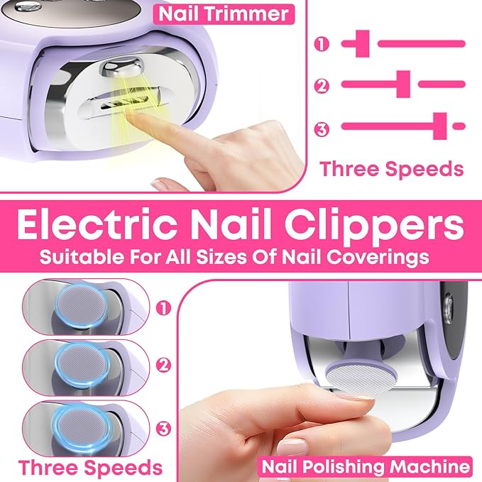Gifts for Women Electric Nail Clipper for Adults & Seniors, 3 Speeds Automatic Nail Clipper & Trimmer with LED Light 360° Rotating Fingernail Clipper with Polisher Rechargeable Electric Nail File