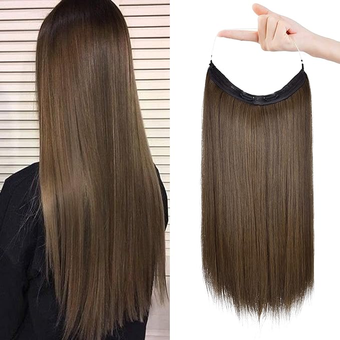 REECHO Invisible Wire Hair Extensions with Transparent Headband Adjustable Size Removable Secure Clips in Straight Secret Hairpiece for Women (20 Inch (Pack of 1), Ginger Brown)