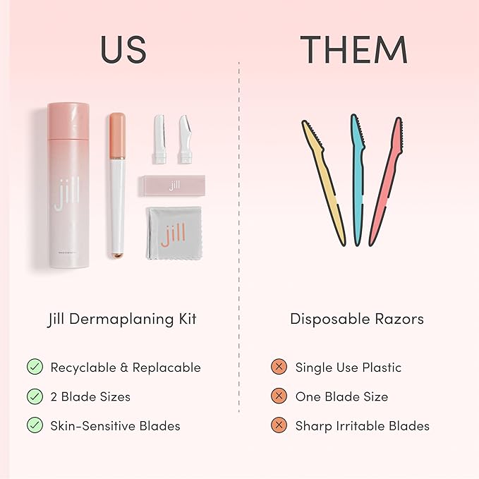 Jill Dermaplane Razor Trial Kit | Facial Hair Removal Dermaplaning Kit Includes 1 Shave Wand, 2 Dermaplane Razors & Cleaning Cloth | Pre-Shave Magic Spray & Wipes Not Included