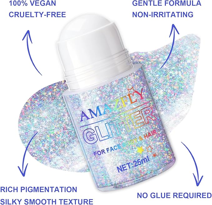 Roll-on Holographic Body Glitter Gel for Face and Hair, Chameleon Color Changing Glitter Gel Under Light, Chunky Mermaid Sequins Shimmer Makeup for Halloween Party Rave Accessories (Glint-Rainbow)
