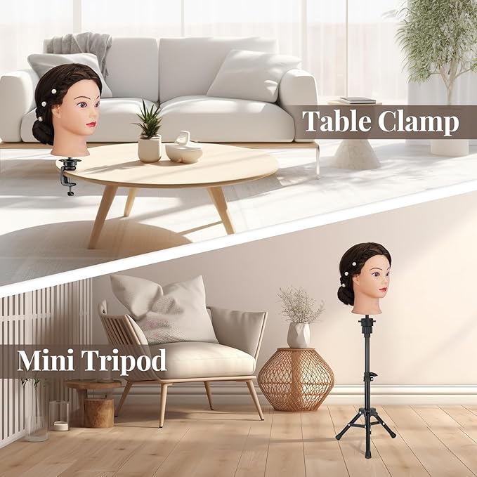 28" Mannequin Head with 80% Real Hair,Cosmetology Manikin Practice Doll Head,Braiding Head with Tripod Stand with Table Clamp + DIY Hair Styling Set #4
