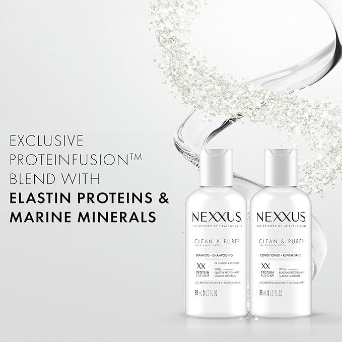 Nexxus Clean & Pure Shampoo and Conditioner, Travel-Size (6 Sets, 12 Bottles), Elastin Protein & Marine Minerals Purify & Detox, 3 Oz Ea