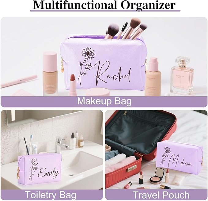 Fincekoom Valentines Day Gifts for Her Teen Girls, Personalized Makeup Bag with Name & Birth Flower, Custom Leather Cosmetic Bags for Women, Customized Travel Toiletry Bag Gifts for Bridesmaid Wedding