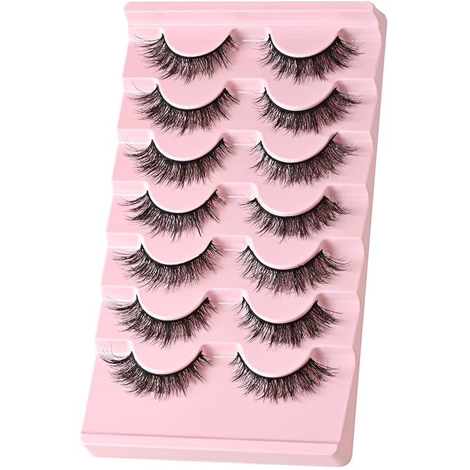 FARRED False Eyelashes Natural Wispy Lashes Short Cat Eye Strip Lash 7 Pairs Thin Band Cateye Fake Eyelash Medium Length Volume Pestañas Set for Hooded Eyes (A16 | 7-14MM)