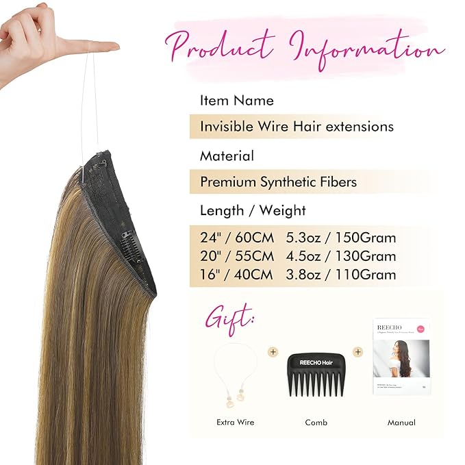 REECHO Invisible Wire Hair Extensions with Transparent Headband Adjustable Size Removable Secure Clips in Straight Secret Hairpiece for Women - 16 Inch,Chocolate Brown with Highlights