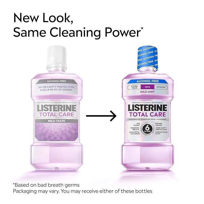 Listerine Total Care Alcohol-Free Mild Mouthwash, 6 Benefit Oral Rinse to Help Kill 99.9% of Germs That Cause Bad Breath, Strengthen Enamel, Mild Mint Flavor, 1 L