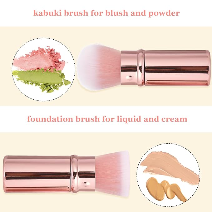 Keriloo Makeup Brush 2 Pack, Retractable Travel Kabuki Powder Foundation Makeup Brush Face Blush Brushes for Blending Liquid, Blush, Bronzer, Buffing, Sunscreen,Flawless Cosmetics