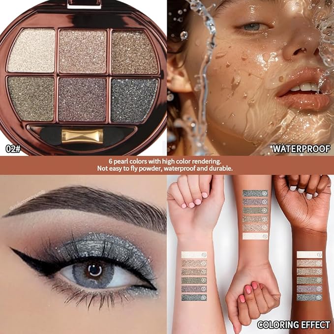 Shimmer Glitter Metallic Mini Eyeshadow Palette – 6-Color Neutral Cool-Tone Eye Shadow Kit, High Pigment Nude Smokey Eyeshadow, Long-Lasting Blendable Sparkle Eye Makeup Palette for Daily & Glam Looks