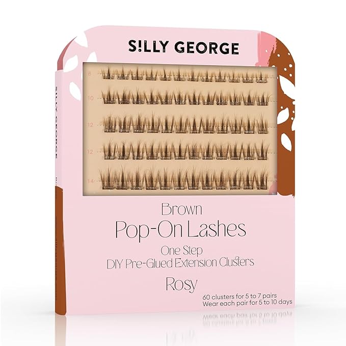 Silly George Pop-On Lashes - DIY 1-Step Pre-Glued Faux Eyelash Clusters, Natural Look Extensions, Light Brown - Rosy, 5-7 Pair Set, Pack of 60 Clusters