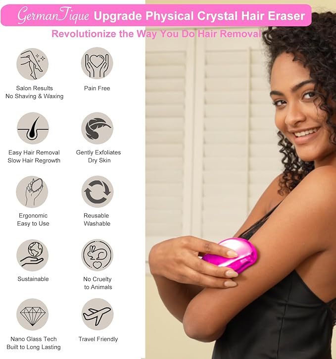 Crystal Hair Eraser,Natural Crystal Hair Remover,Reusable Painless Nano Glass Hair Removal Device Without Shaver,Gentle Crystal Epilator and Exfoliator for Soft Silky Skin(Hot Pink)