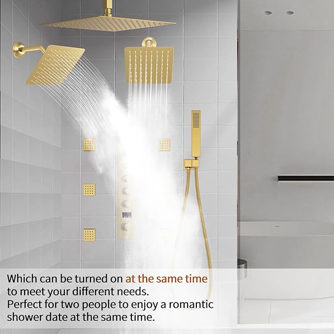 WHSHOWER Brushed Gold Triple Shower Heads Shower System with 12"+8"+8" Top Shower Heads, Digital Display Shower Valve, Body Jets and Handheld Shower,Full Body Shower System