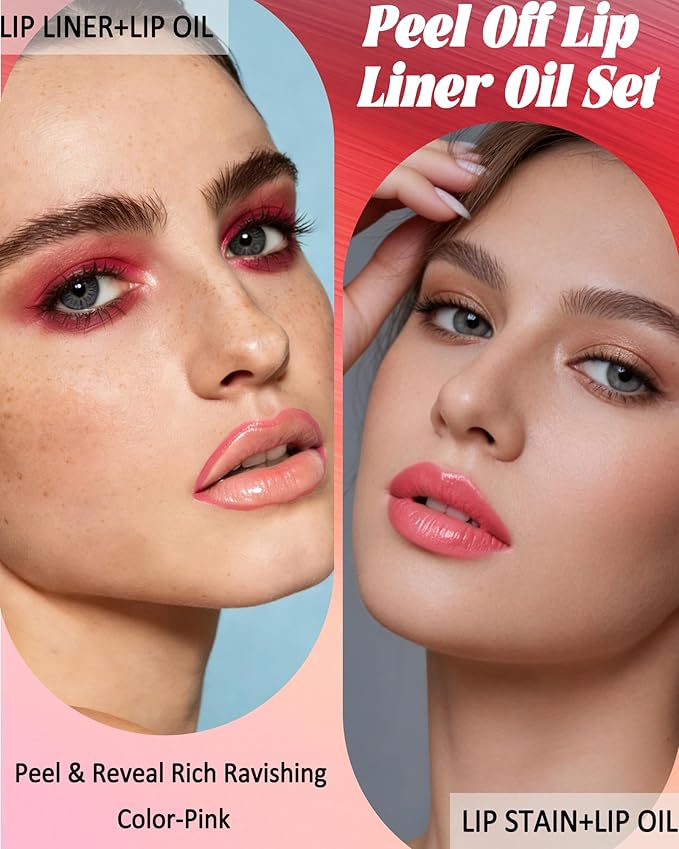 Pink Peel off Lip Stain Oil Set, Matte Long Lasting Waterproof Lip Liner Stain Tattoo Peel off, Nourish Non-Sticky Glossy Clear Lipgloss, Natural High Pigmented, Transfer-Proof Lip Combo for Women-01