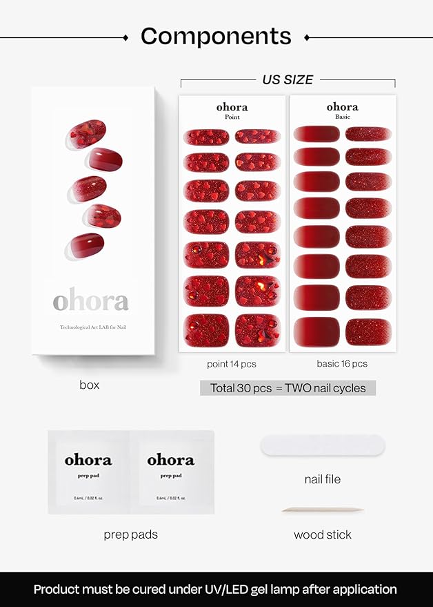 ohora Semi Cured Gel Nail Strips (N Love Affair) - Red, Ombre, Works with Any UV/LED Lamps, Salon-Quality, Long Lasting, Easy to Apply & Remove - Includes 2 Prep Pads, Nail File & Wooden Stick