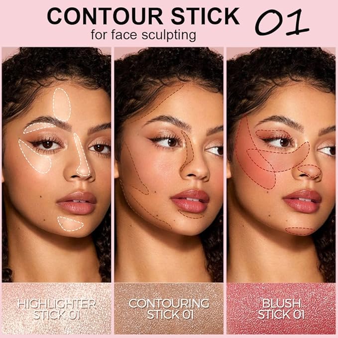 3 Pack Contour Stick Set, Face Shaping & Contouring Stick with Highlighter Blush Bronzer for Sculpt the Cheeks Nose Jawline, Blendable Long Lasting Makeup Stick Trio for Older Women (#1 MATURE)