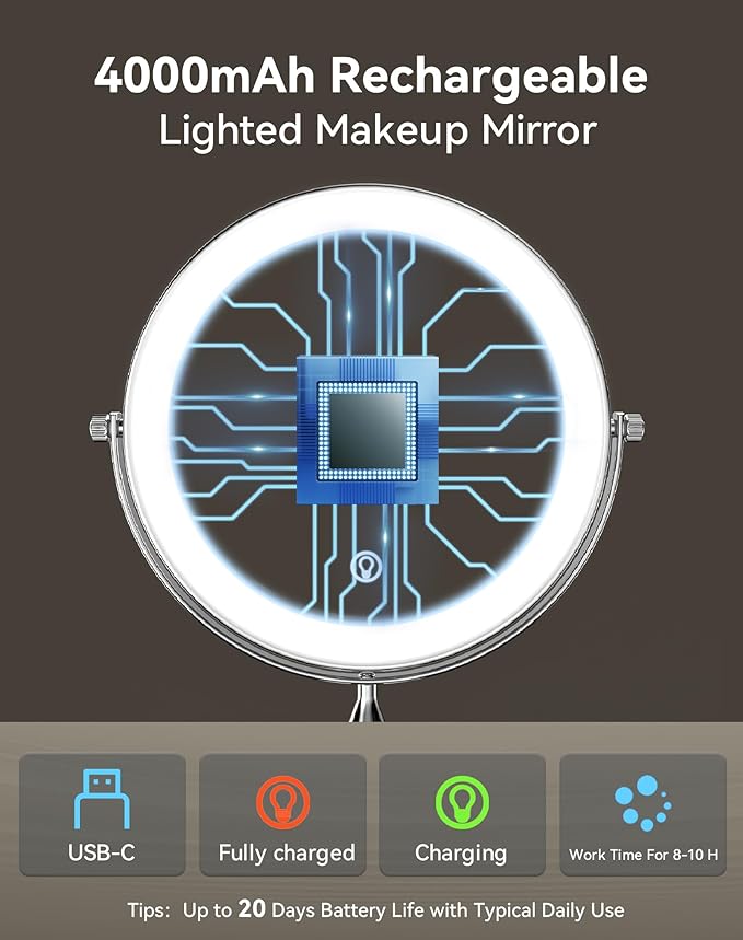DOWRY 4000 mAh Rechargeable Lighted Makeup Mirror 20x Magnification Vanity Mirror Tabletop Two-Sided Swivel Gifts for Women Wife Mom Teengirls Chrome