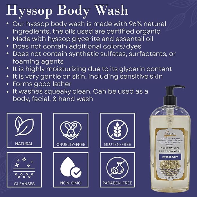 BIBLE N Beautyoils Cleanse Me With Hyssop Natural Hair and Body Wash, Organic Hyssop Infused Shampoo and Body Wash for Nourishing and Refreshing Hair & Body Cleansing