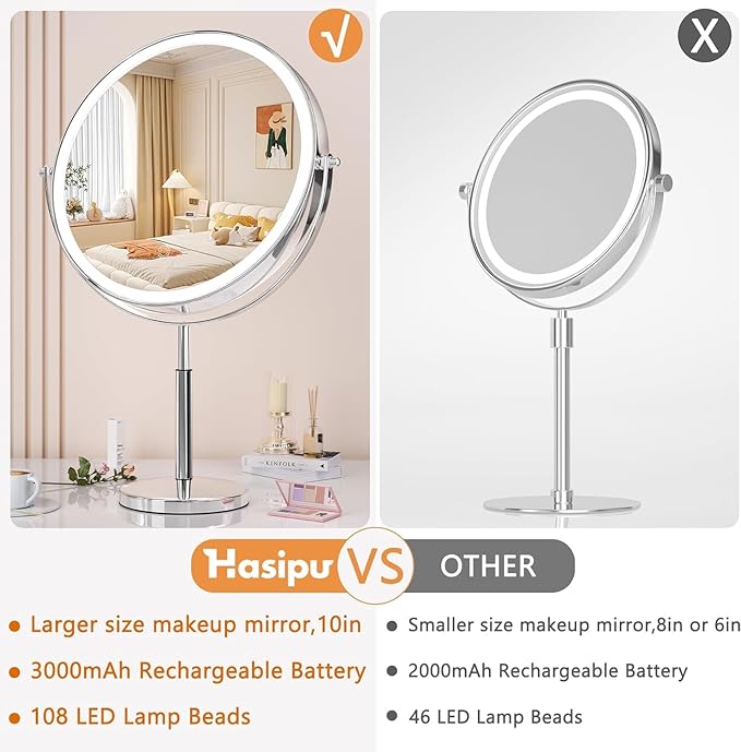 Hasipu 10” LED Makeup Mirror with 1X/10X Magnification - Rechargeable Vanity Mirror, 3 Color Modes, Touch Control, 360° Rotation & Height Adjustable Nickel