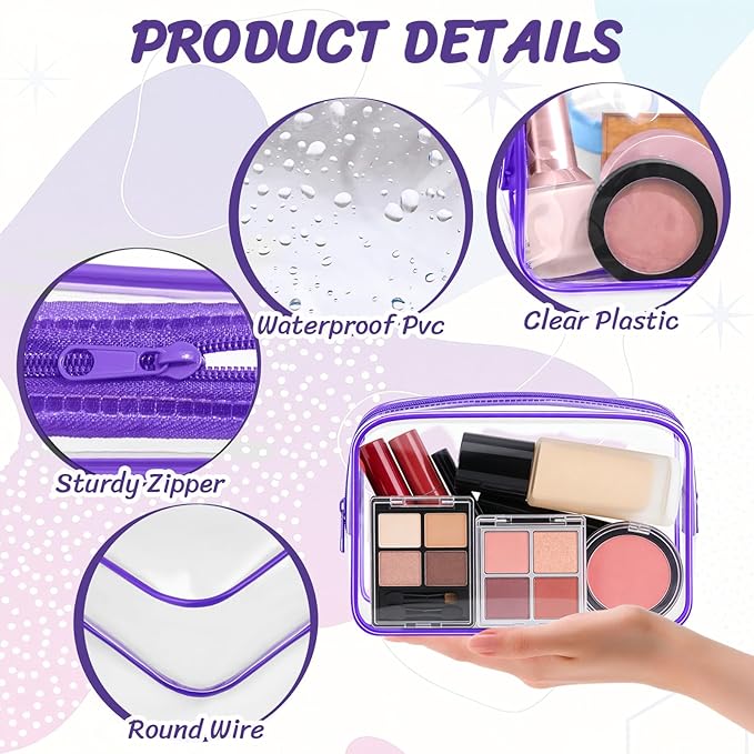 Eilyliafe Clear Cosmetic Bag Transparent Makeup Bag for Women Men Waterproof Travel Makeup Clear Toiletry Organizer Cosmetic Storage Pouch Case with Zipper (12, Purple, Medium)