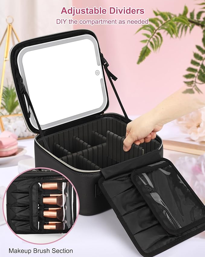 Relavel Initial Makeup Bag with LED Mirror for Women Girls, Personalized Travel Cosmetic Organizer Train Case, Birthday Gifts for Grandkids Bridesmaid Graduation Teacher Friends, Trendy Stuff, Black M