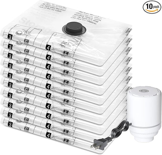 10 Large Vacuum Storage Bags with Electric Pump, Compression Packing Seal Space Saver Cubes for Clothing Bedding Blankets Pillows