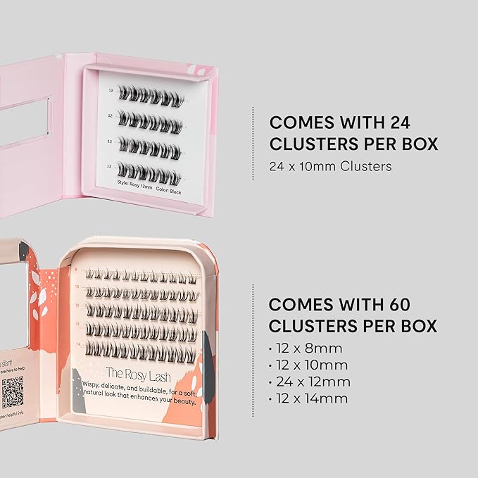 Silly George PopOn Lash 84 Cluster Pre-Glued Featherlight Bionic Silk 5 to 10 Day Wear Press-On Lash Bundle with 60 Pack MultiLength Plus 24 Pack Single Size Black Rosy 12mm