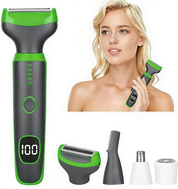 Wet & Dry Electric Razor for Women Men,4 in 1 Rechargeable Led Display Electric Shaver and Facial Hair Remover (Green Gray)