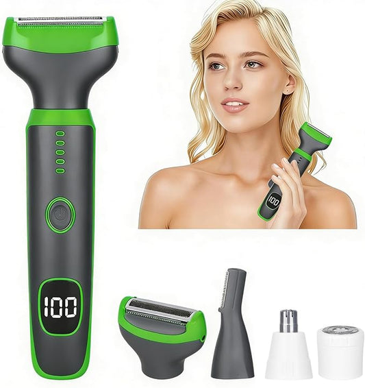 Wet & Dry Electric Razor for Women Men,4 in 1 Rechargeable Led Display Electric Shaver and Facial Hair Remover (Green Gray)