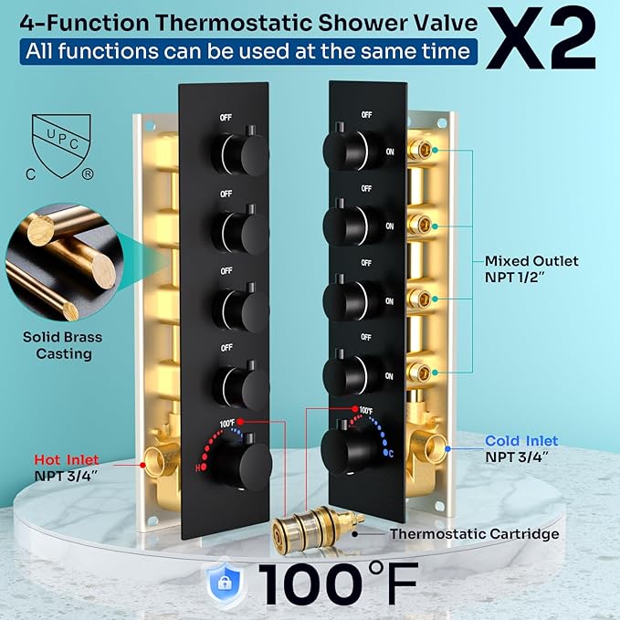 HOMEDEC Luxury Dual Shower System for Couples, 16x32" Rain 2-Function and Dual 6" Side Wall Mounted Shower Heads, with 4-Way Diverter Valves, Black