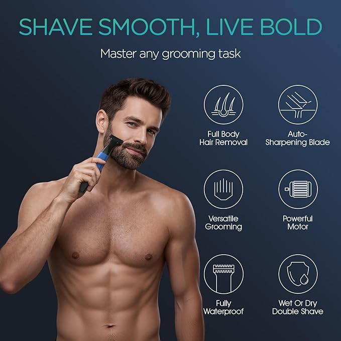 VOYOR Beard Trimmer for Men Electric Razor, Nose Face Body Hair Trimmer with Adjustable Length Combs All in 1 Rechargeable Mens Grooming Kit Cordless Electric Shaver Wet/Dry TX510 (Blue)