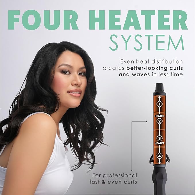 MINT Professional Clamp-Free Curling Wand 1 Inch for Long Hair | Extra Long Curl Wand w 4-Heater Ionic Ceramic Tourmaline Barrel | Best Curling Wands | Adjustable 230-430°F | Worldwide Dual Voltage
