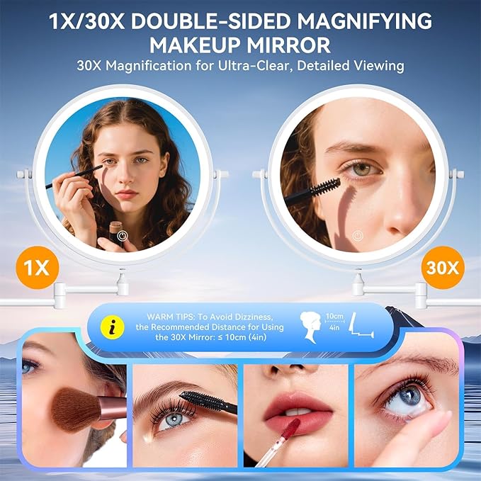 9'' 30X/1X Wall Mounted Lighted Makeup Mirror, 5000mAh Rechargeable Double-Sided Magnifying Mirror with Light, Vanity Mirror Touch Dimmable 3 Colors 360° Rotation Extended Foldable Arm, Power Adapter