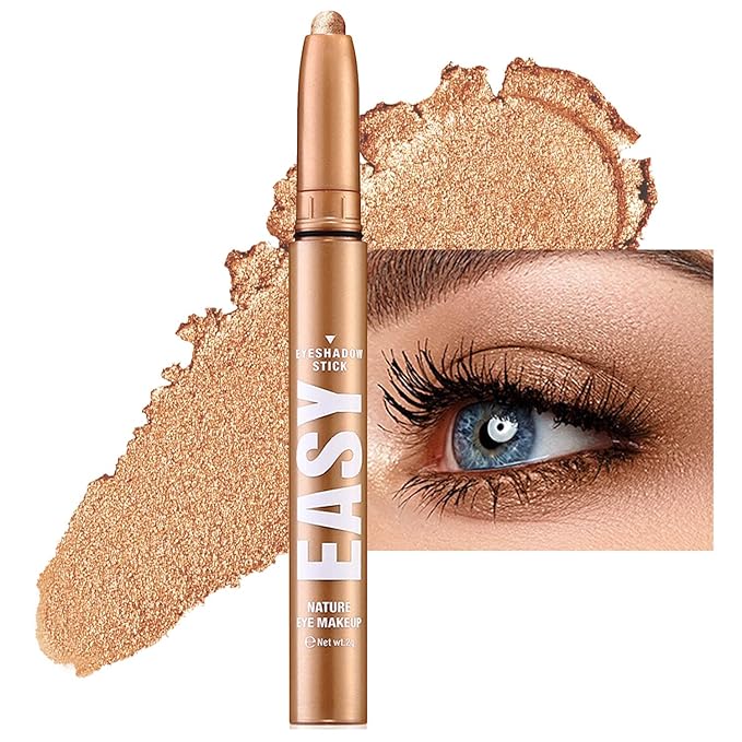 Gold Eyeshadow Stick Makeup,Glitter Cream Eye Shadow Pencil,High Pigmented Crease proof Matte Eye Shadow Brightener Stick,Waterproof Long Lasting Eye Highlighter Crayon Eyeliner