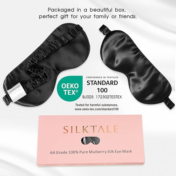 SILKTALE 100% Mulberry Silk Eye Mask for Sleeping with Silk Wrapped Adjustable Strap,Black