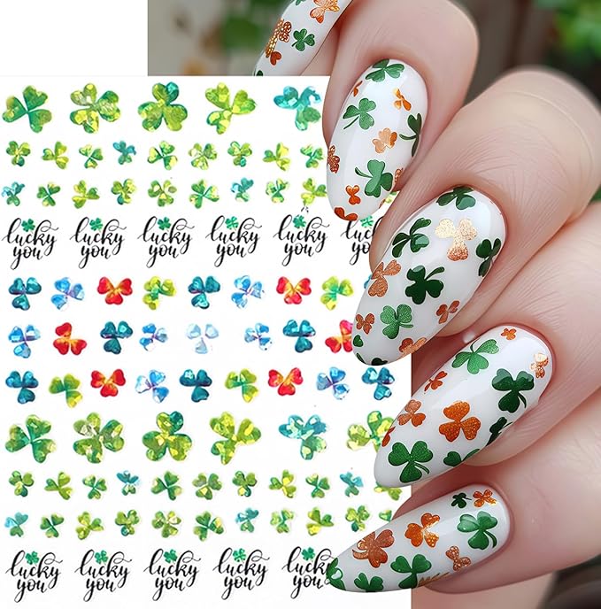8Pcs St. Patrick's Day Nail Stickers Shamrocks Nail Art Stickers Irish Four Leaf Clover Nail Decals 3D Self-Adhesive Lucky Clover Nail Design St. Patrick's Day Nails Supplies for Women Manicure DIY