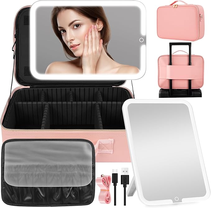 JJhxr 15''X11'' Makeup Bag with Removeable Lighted Mirror, Travel Makeup Case with 3 Color Lights Dimmable Brightness, Large Capacity Cosmetic Organizer Case with Detachable Dividers & Shoulder Strap