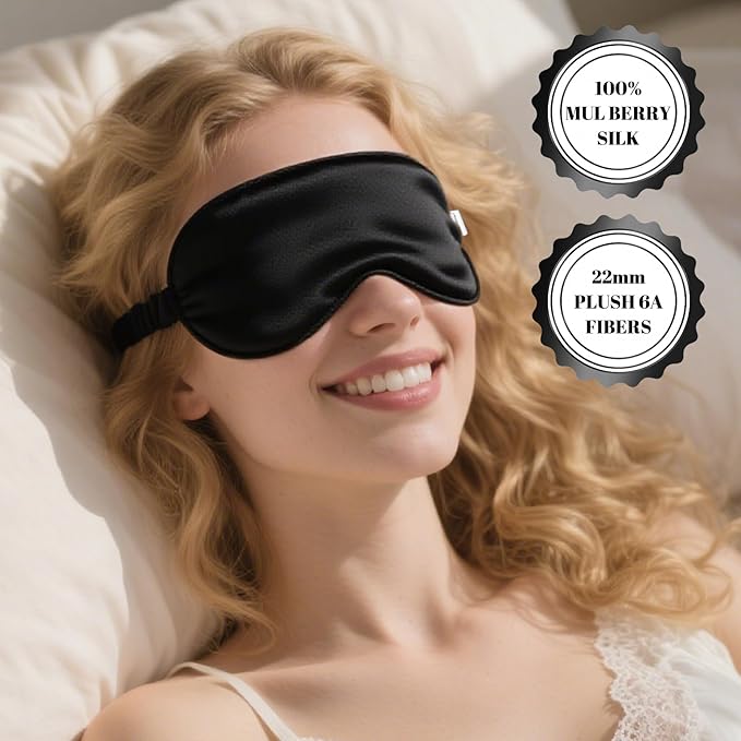 CroYumert 100% Pure Mulberry Silk Eye Mask - 22 Momme Adjustable Strap, Light Blocking, Silk Storage Bag & Gift Box - for Sleep/Travel/Gift, Sensitive Skin Friendly (Black)