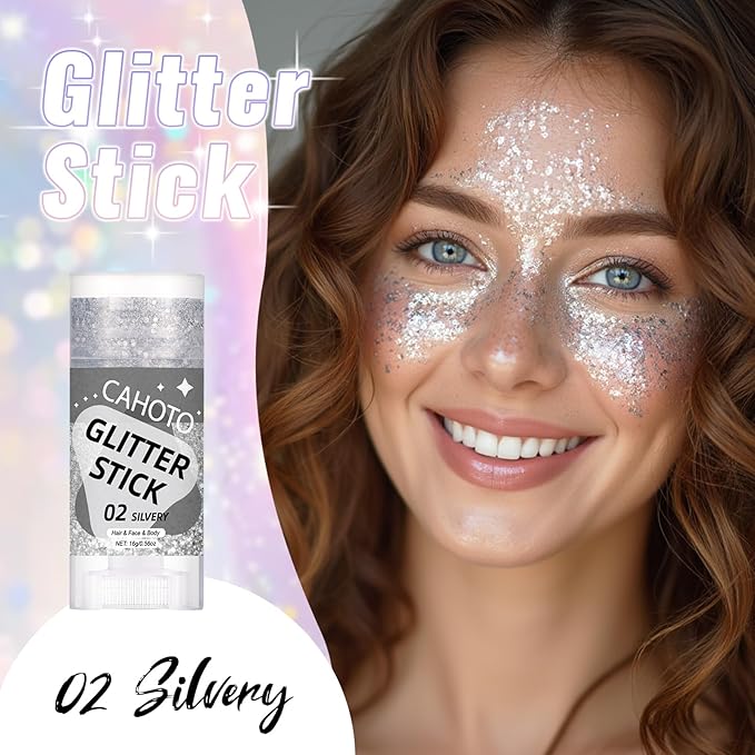 Silvery Face Body & Hair Glitter Stick for Singer Concerts Outfit, Shimmer Stick Gel for Women, Sparkling Holographic Chunky Sequins for Carnival Rave Festival Halloween, 0.56oz