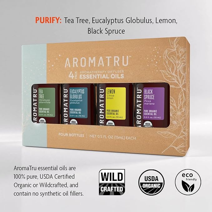 Purify Essential Oil Kit – Tea Tree, Eucalyptus Globulus, Lemon, and Black Spruce – Organic & Wildcrafted – ISO Certified – No Synthetic Fillers – Ethically Sourced