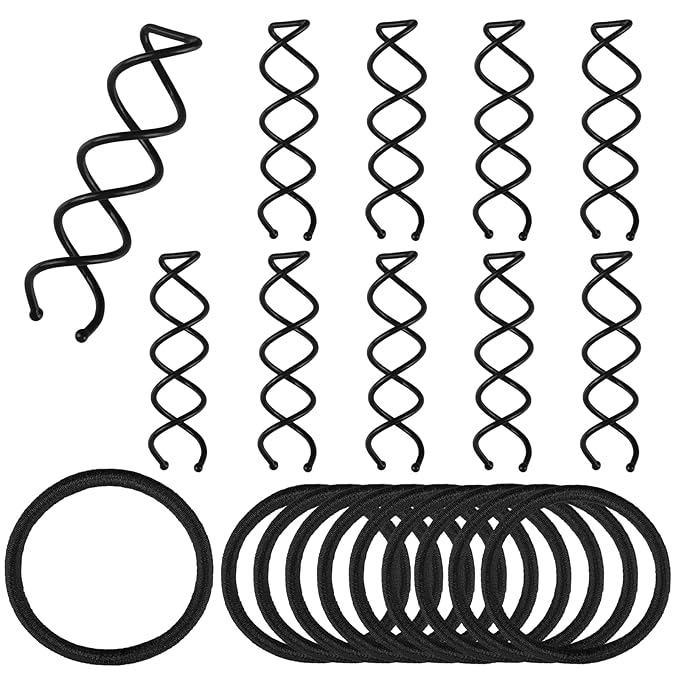 Teenitor 20PCS Spiral Hair Pins, Spin Pins for Bun, Spiral Bobby Pins Hair Bun Accessories, Hair Bun Maker for Women Girls with 10 Hair Ties, Black