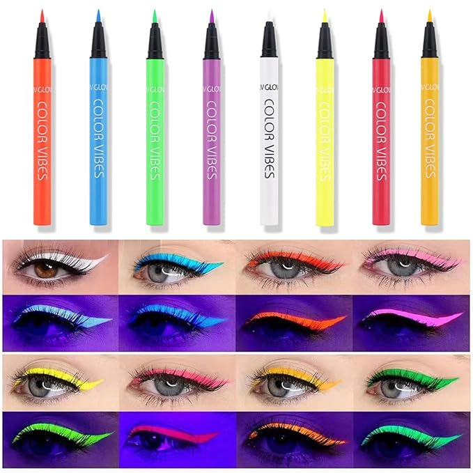 8 Color UV Neon Glow Waterproof & Long-Lasting Liquid Eyeliner for Party & Rave - Glows Bright Under Blacklight(Liquid)