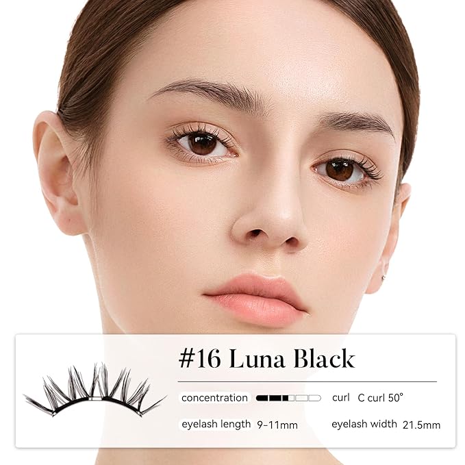 WOSADO Soft Magnetic Eyelashes [No.16 Luna Black] 21.5mm with Applicator Kit, Reusable Glue-free Wispy Magnetic Lashes, Cruelty-free False Lashes, Waterproof, Lightweight, Suit for Heavy Makeup